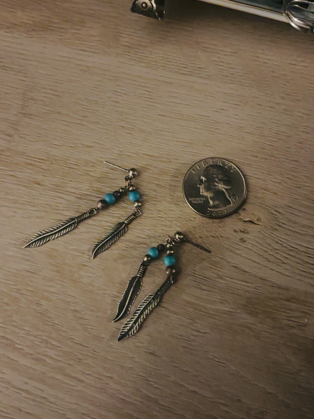 Sterling silver and turquoise beaded feather earrings